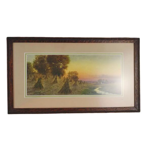 Vtg Edwin E Lamasure Watercolor 19x11 Framed 1909 Print Haystacks Farm Sunrise - Picture 1 of 6